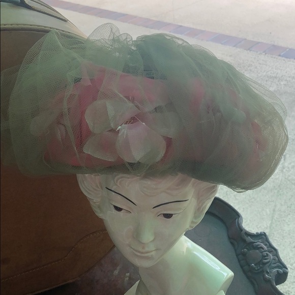Vtg Net pillbox hat floral 50’s housewives church - Picture 3 of 8